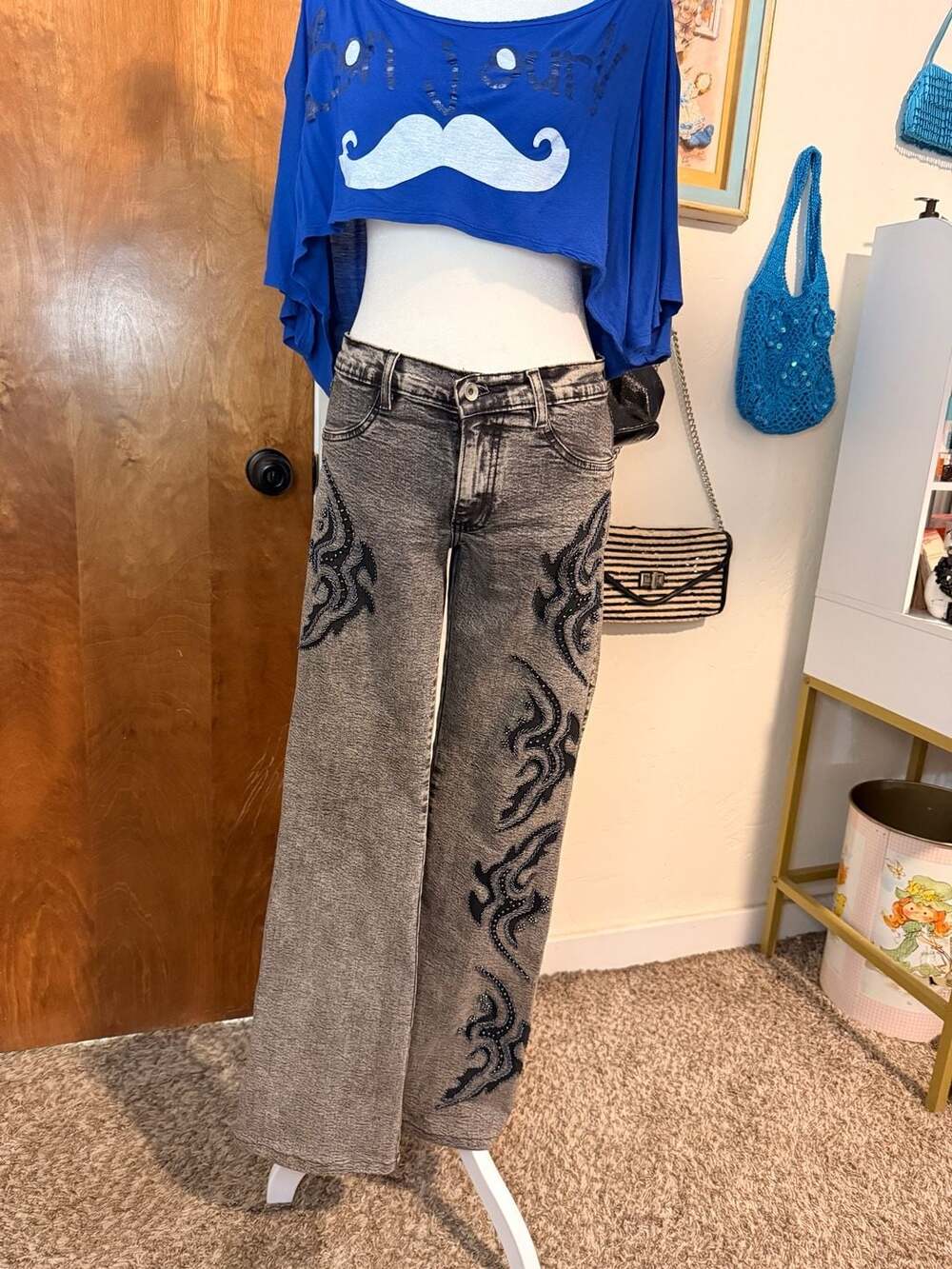 FITELLE Vintage Y2K Beaded Tribal Flame Low Rise Jeans